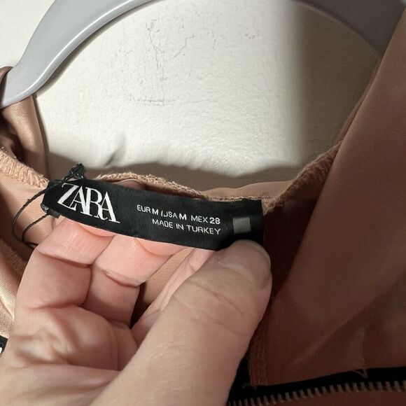 Zara‎ Jacket Womens Medium Pink Black Satin Hoodie Colorblock Pullover 1/2 Zip - Picture 3 of 6